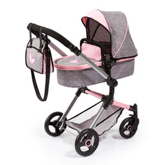 Bayer City Vario Doll Pram Grey Denim With Pink Trim - Toyworld