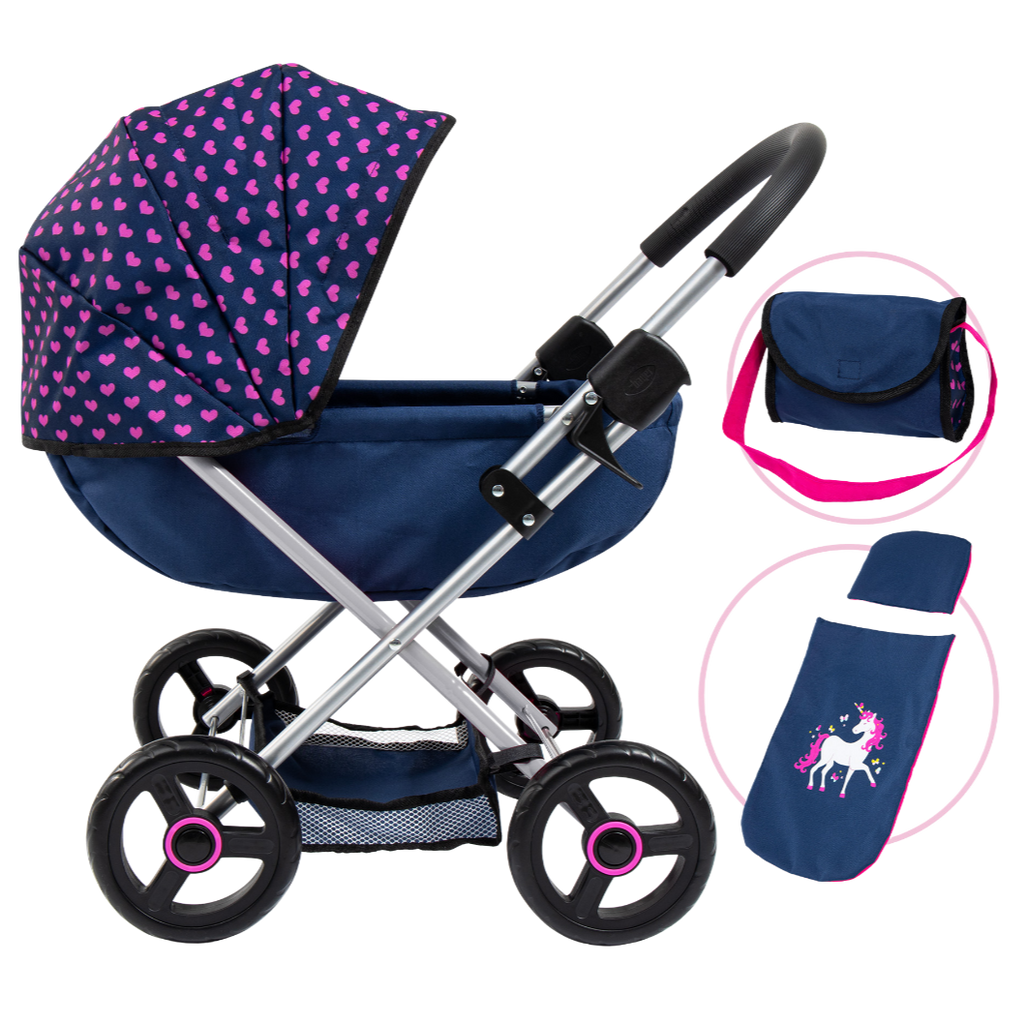 Bayer Cosy Pram Dark Blue With Pink Heart Hood | Toyworld