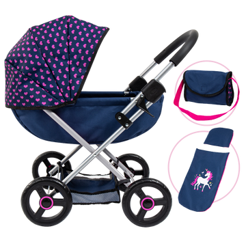 Bayer Cosy Pram Dark Blue With Pink Heart Hood | Toyworld