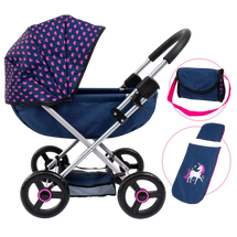 Bayer Cosy Pram Dark Blue With Pink Heart Hood | Toyworld