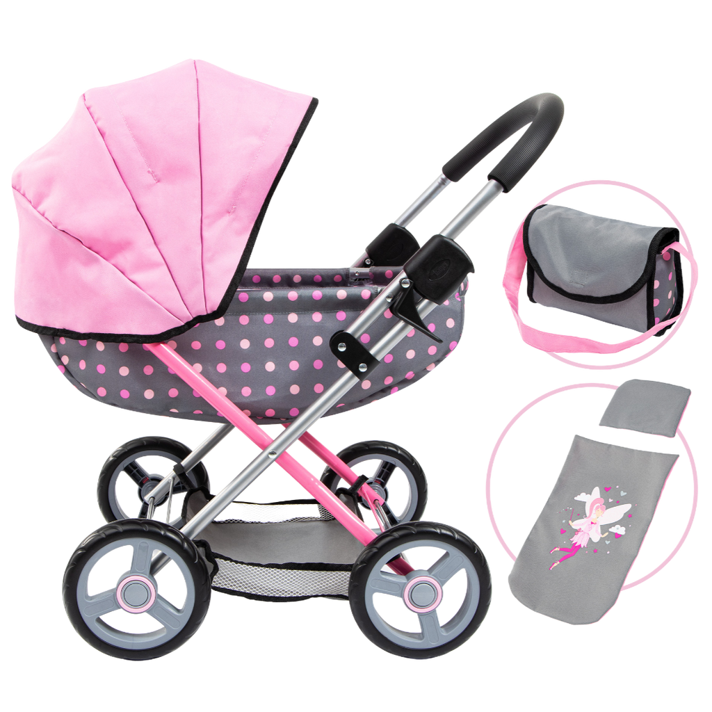 Bayer Cosy Pram Grey With Pink Dots And Hood | Toyworld