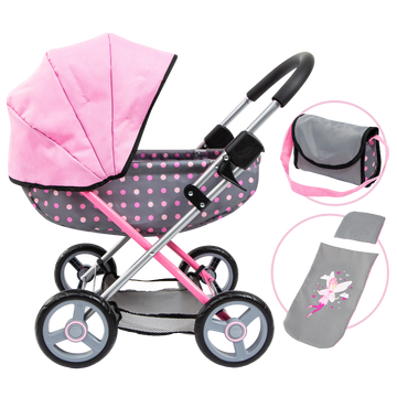 Bayer Cosy Pram Grey With Pink Dots And Hood | Toyworld