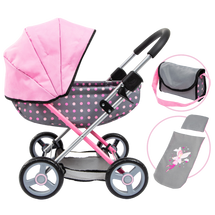 Bayer Cosy Pram Grey With Pink Dots And Hood | Toyworld