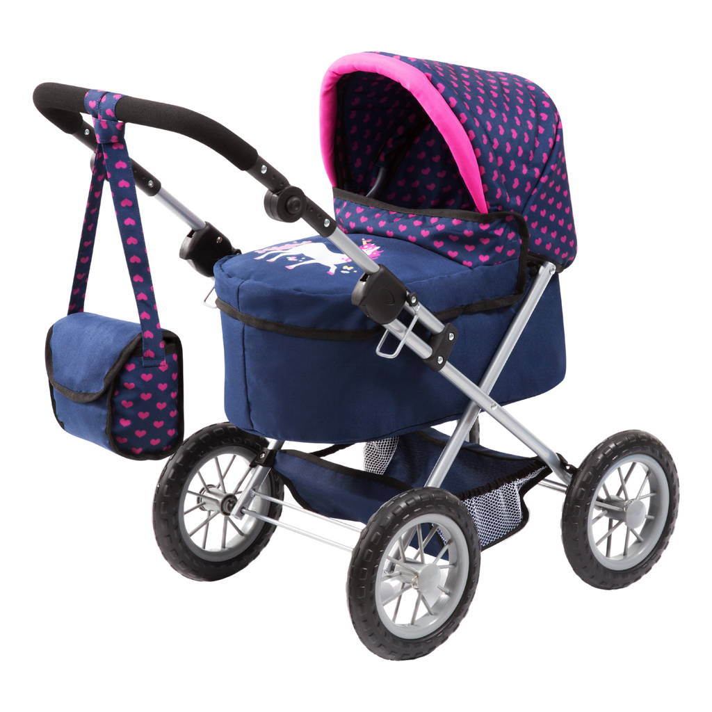 Trendy Doll Pram Dark Blue Pink Hearts Unicorn | Toyworld