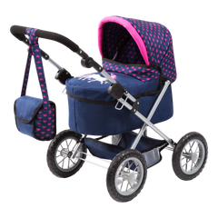 Trendy Doll Pram Dark Blue Pink Hearts Unicorn | Toyworld