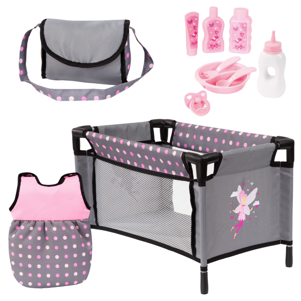 Bayer Doll Travel Bed Grey And Pink With Fairy | Toyworld