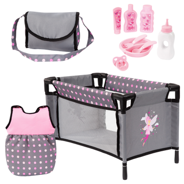 Bayer Doll Travel Bed Grey And Pink With Fairy | Toyworld