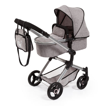 Bayer Vario Doll Pram Grey Denim With Crown Motif - Toyworld