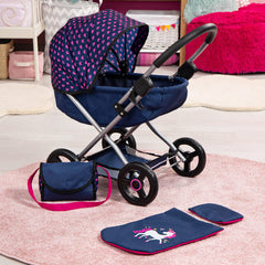 Bayer Cosy Pram Dark Blue With Pink Heart Hood Img 1 | Toyworld