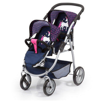 Bayer Twin Tandem Pram Dark Blue With Pink Hearts - Toyworld