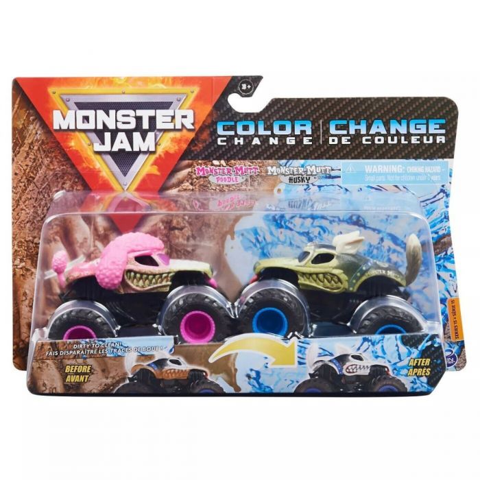 MONSTER JAM 1:64 DIE CAST TRUCKS 2 PACK COLOR CHANGE MONSTER MUTT POODLE AND MONSTER MUTT HUSKY